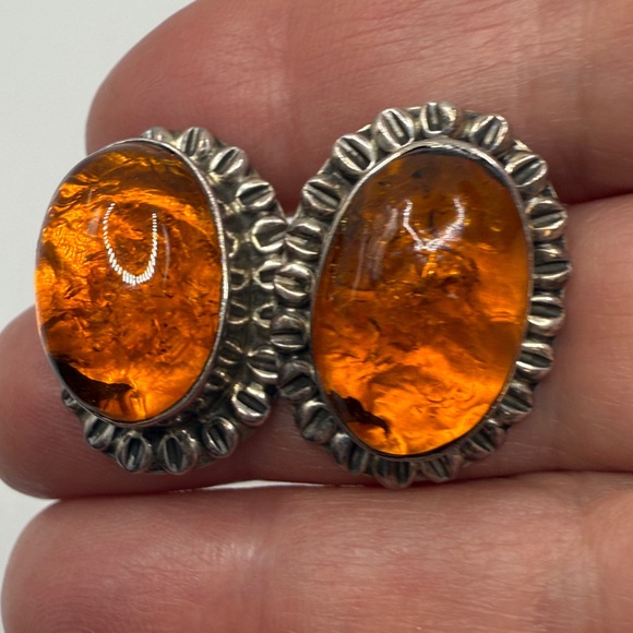 Amber Silver Jewelry - Sterling Silver Amber Oval Stud Earrings - Deep Orange